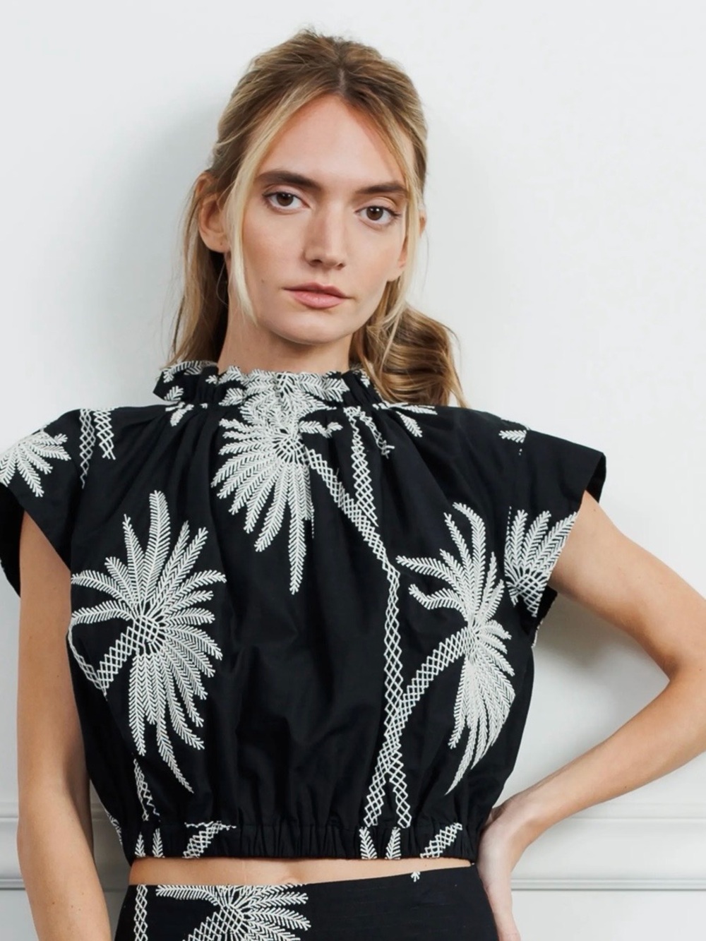 Embroidered Palm-Print Black Crop Top